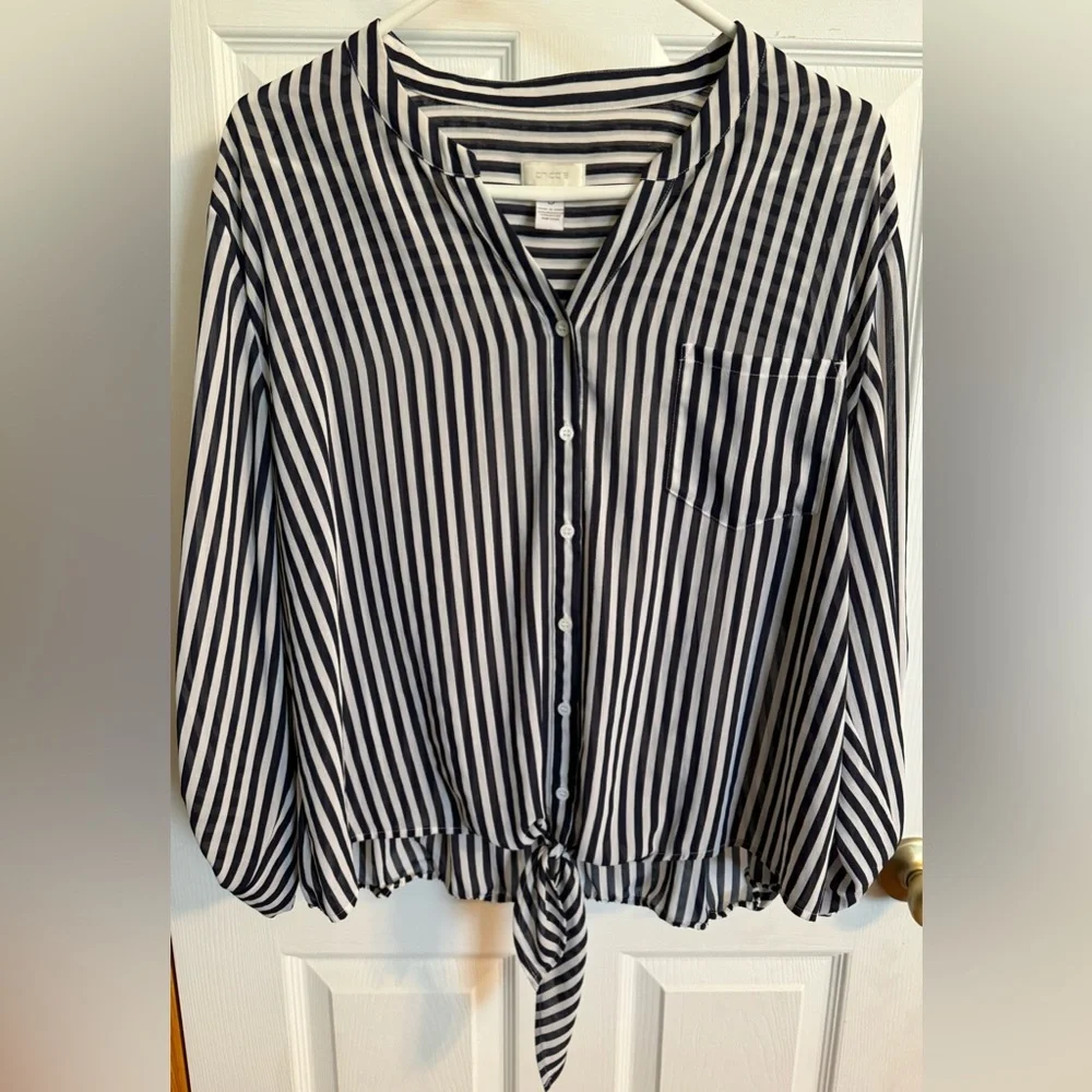 Chico’s Women’s White & Black Stripe Too w/ option 3/4 button strip ~ Size 3 - Picture 1 of 12